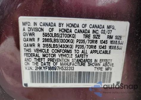 2007 Honda Pilot Exl из США, поврежденный, VIN 2HKYF18697H532313